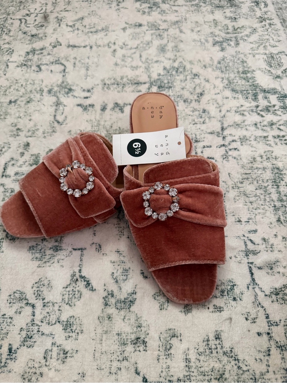 Rose Velvet Slide Sandals with Crystal Buckle